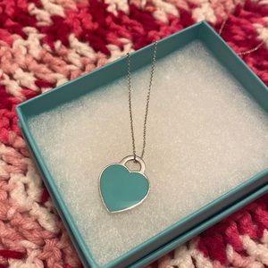 Silver necklace blue heart small nick on side of heart 16”or 18” Tiffany box dus
